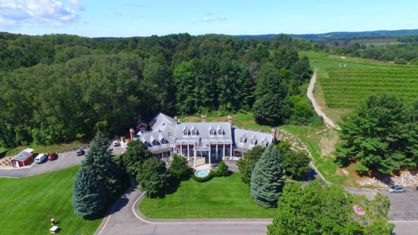Aerial view of the Inn and vineyard at Black Star Farms Suttons Bay.
