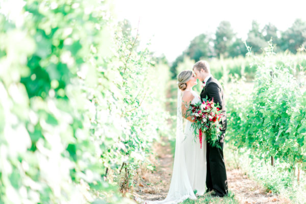 Wedding couple between the vines at Black Star Farms Suttons Bay.