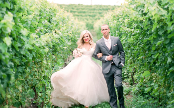 Bride and groom walking between the vines at Black Star Farms Suttons Bay.