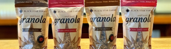 Bags of Black Star Farms Hard Apple Cider and Coffee Crunch House-Made Granola