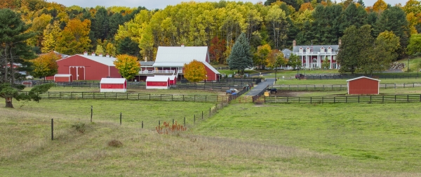 View of the Inn, horse paddocks, and barns in the fall.