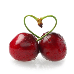 Two cherries with stems making a heart.