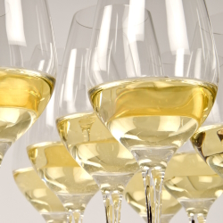 Many stemmed glasses with white wine.